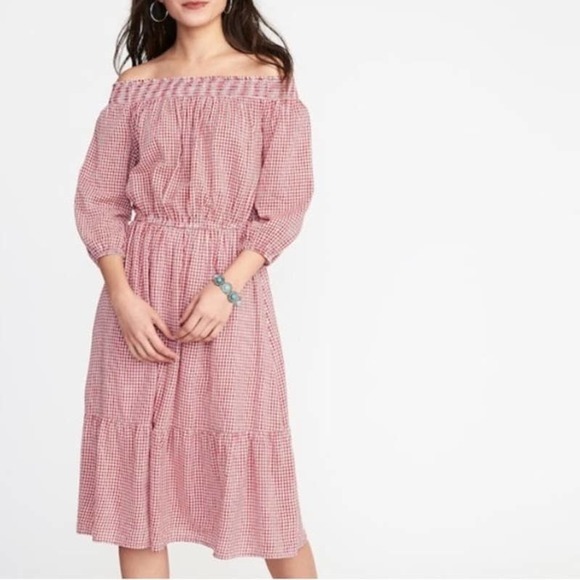 Old Navy Red Gingham Off The Shoulder Dress Womens Size Small Petite - Picture 1 of 6